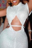 White Sexy Solid Bandage Hollowed Out Turtleneck Long Dress Dresses