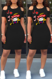 Black Casual Print Hollowed Out O Neck Short Sleeve Dress