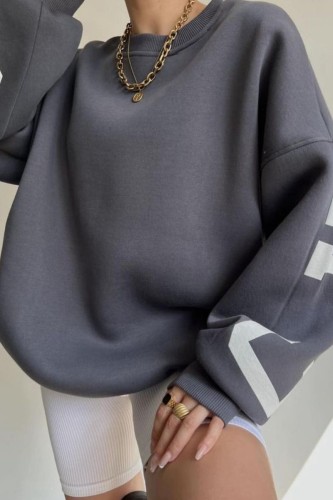 Dark Gray Casual Letter Print Basic O Neck Tops