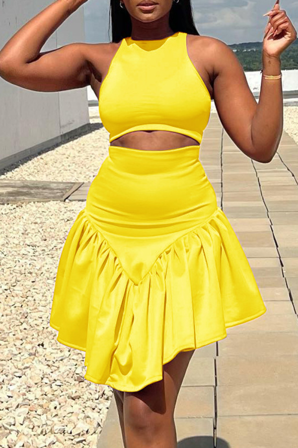 Yellow Sexy Solid Flounce O Neck Sleeveless Two Pieces