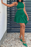 Green Sexy Solid Flounce O Neck Sleeveless Two Pieces