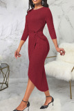 Red Casual Solid Patchwork Asymmetrical O Neck Straight Dresses