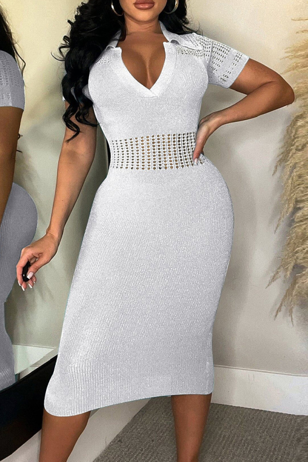 White Sexy Casual Solid Hollowed Out V Neck Short Sleeve Dress