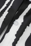 Black And White Casual Print Patchwork Buckle Turndown Collar Tops