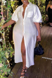 White Casual Solid Patchwork Buckle Turndown Collar Shirt Dress Plus Size Dresses
