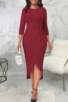 Red Casual Solid Patchwork Asymmetrical O Neck Straight Dresses