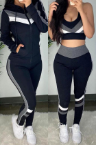 Black Casual Solid Patchwork Contrast Hooded Collar Long Sleeve Three-piece Set