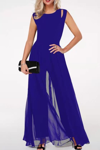 Blue Casual Solid Patchwork O Neck Regular Jumpsuits