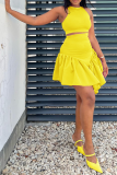 Yellow Sexy Solid Flounce O Neck Sleeveless Two Pieces