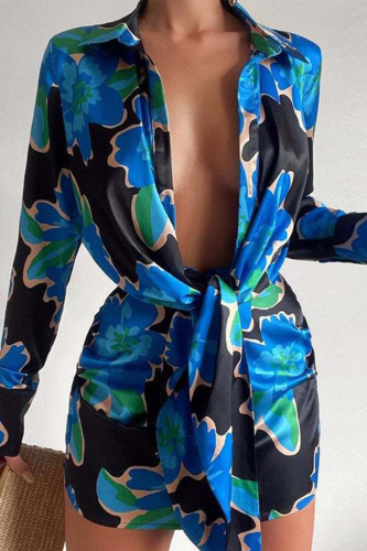 Blue Casual Print Patchwork Turndown Collar Shirt Dress Dresses
