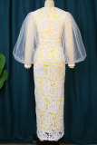 Yellow Elegant Solid Patchwork O Neck Evening Dress Dresses