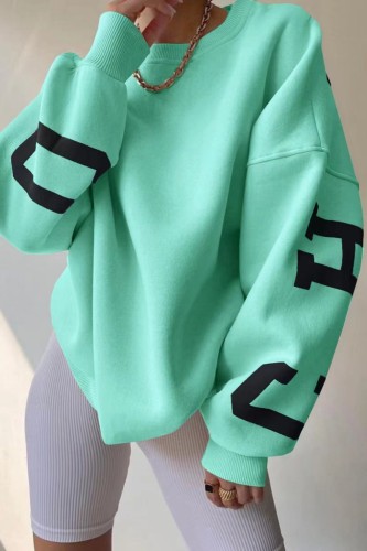 Light Green Casual Letter Print Basic O Neck Tops