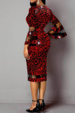 Red Elegant Print Patchwork V Neck One Step Skirt Dresses