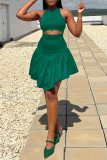 Green Sexy Solid Flounce O Neck Sleeveless Two Pieces
