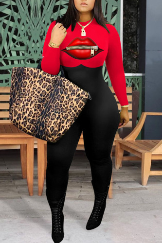 Red Casual Print Patchwork O Neck Plus Size Jumpsuits