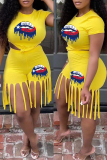 Yellow Casual Lips Printed Tassel O Neck Plus Size Two Pieces