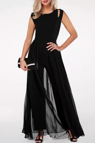 Black Casual Solid Patchwork O Neck Regular Jumpsuits