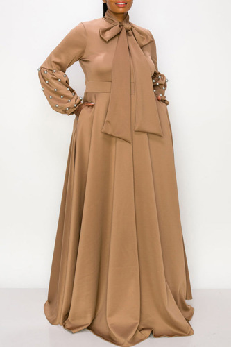 Khaki Casual Elegant Solid Patchwork Beading Ribbon Collar Evening Dress Plus Size Dresses