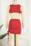 Tangerine Red Sexy Solid Hollowed Out Patchwork Backless O Neck Pencil Skirt Dresses