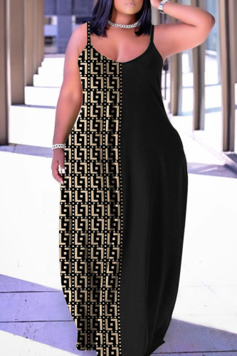 Black khaki Casual Street Print Patchwork Spaghetti Strap Lantern Skirt Plus Size Dresses