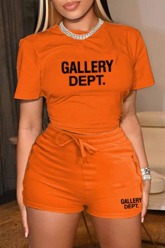 Orange Casual Print Letter O Neck Short Sleeve Two Pieces