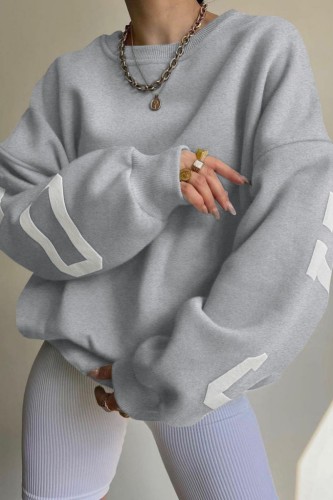 Light Gray Casual Letter Print Basic O Neck Tops