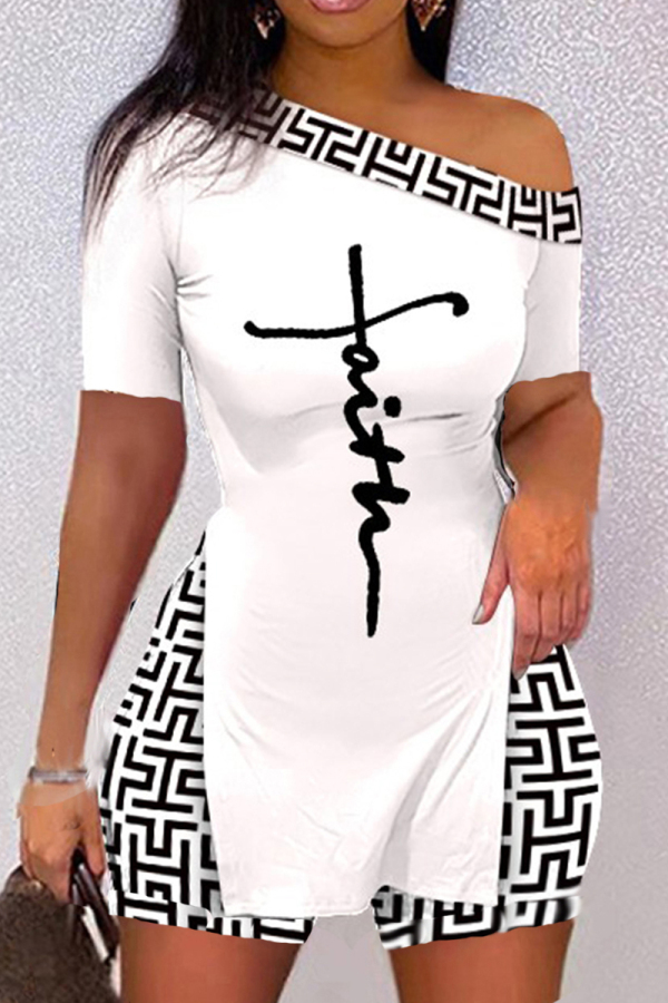 Black White Sexy Casual Print Patchwork One Shoulder Short Sleeve Two Pieces