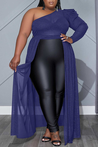 Royal Blue Casual Solid Patchwork See-through Oblique Collar Straight Plus Size Dresses