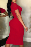 Red Sexy Casual Solid Hollowed Out V Neck Short Sleeve Dress