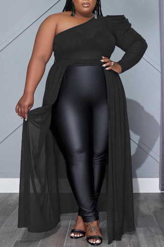 Black Casual Solid Patchwork See-through Oblique Collar Straight Plus Size Dresses