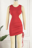 Red Sexy Solid Hollowed Out Patchwork Backless O Neck Pencil Skirt Dresses