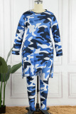 Multi-color Casual Print Camouflage Print Bandage Patchwork Asymmetrical O Neck Plus Size Two Pieces