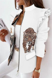Khaki Casual Print Patchwork Flounce Zipper Collar Outerwear