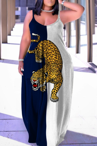 White Blue Casual Street Print Patchwork Spaghetti Strap Lantern Skirt Plus Size Dresses