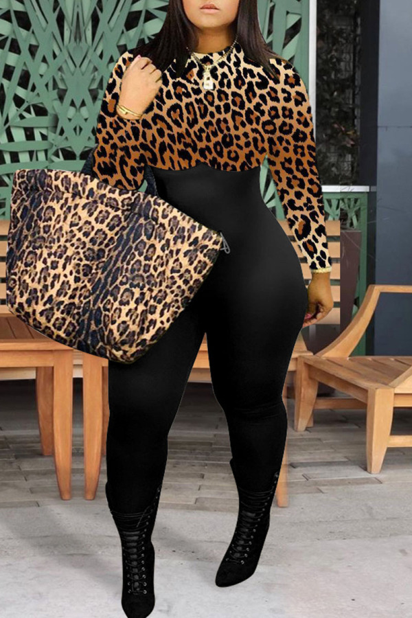 Leopard Print Casual Street Print Patchwork O Neck Plus Size Jumpsuits