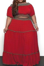 Red Casual Solid Patchwork Off the Shoulder Plus Size Two Pieces