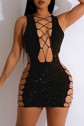 Black Sleeveless Deep V Neck Lace-up Front Sides Cut-out Clubwear Bodycon Glitter Mini Dress