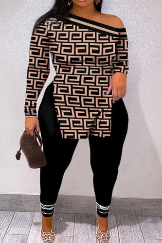 Brown Casual Street Print Patchwork Slit Oblique Collar Plus Size Two Pieces