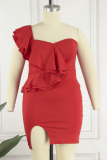Red Sexy Solid Backless Beading One Shoulder Sleeveless Dress Plus Size Dresses