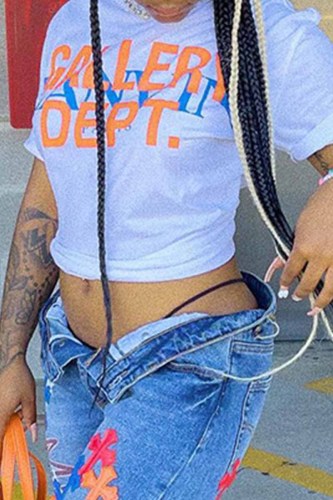 White Casual Print Letter O Neck T-Shirts