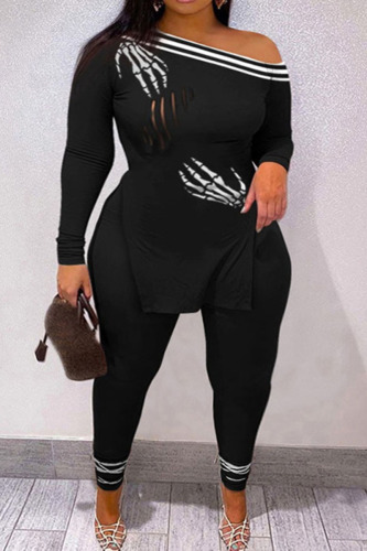 Grey Black Casual Street Print Patchwork Slit Oblique Collar Plus Size Two Pieces