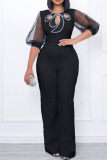 White Elegant Solid Hollowed Out Patchwork Beading O Neck Straight Jumpsuits