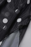 Black Sexy Casual Dot Print See-through Asymmetrical Turtleneck Long Sleeve Plus Size Dresses