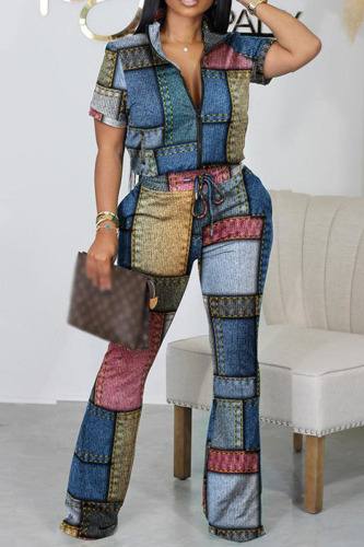Multicolor Casual Print Patchwork Zipper Collar Short Sleeve Two Pieces