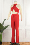 Red Sexy Solid Patchwork Halter Sleeveless Two Pieces