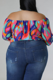 Red Casual Print Bandage Patchwork Off the Shoulder Plus Size Tops