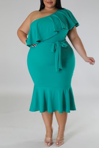 Green Casual Solid Patchwork Backless Oblique Collar Plus Size Dresses