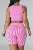 Pink Casual Striped Print Patchwork O Neck Sleeveless Two Pieces