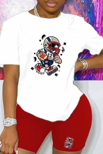 Red Casual Print Patchwork O Neck Short Sleeve Two Pieces