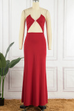 Red Sexy Solid Bandage Patchwork Backless Halter Long Dress Dresses
